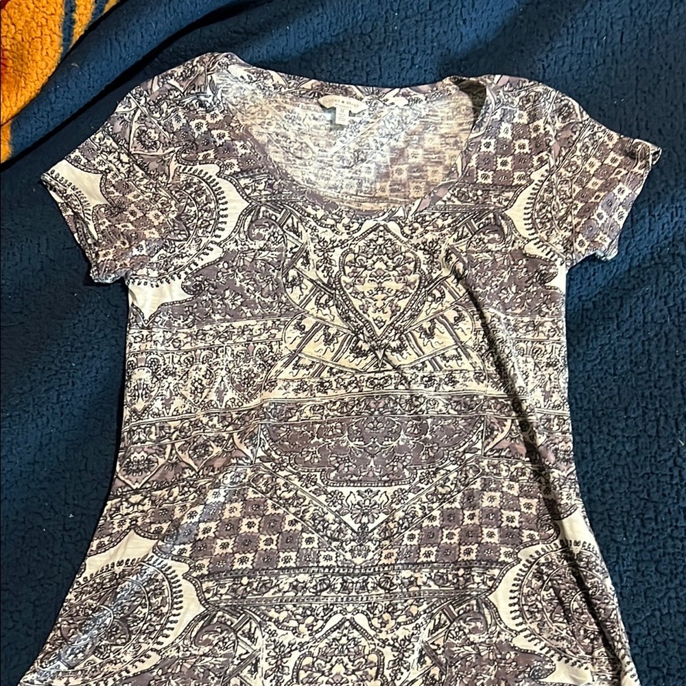 Lucky Brand Patterned Grey and Cream Women's Top